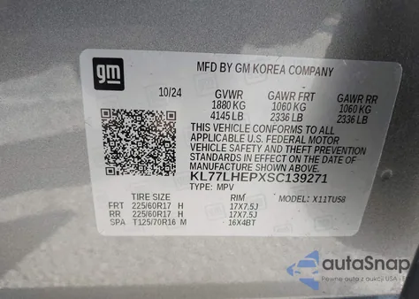 2025 Chevrolet Trax Fwd Lt z USA, uszkodzony, nr VIN KL77LHEPXSC139271